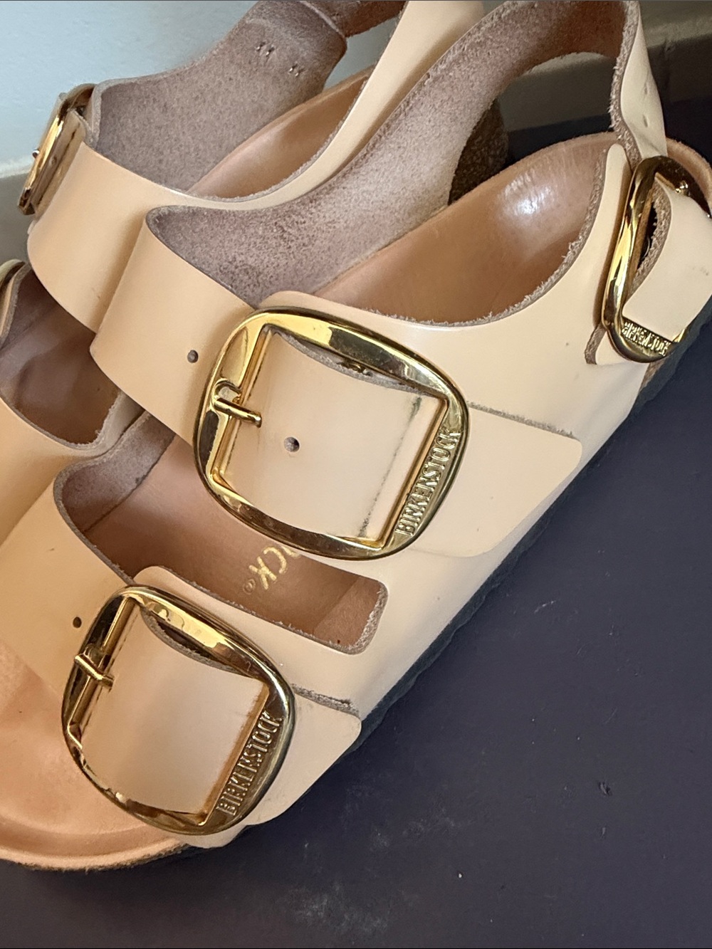 Birkenstock Double-Buckle Sandals in Nude with Gold Hardware - Picture 5 of 7